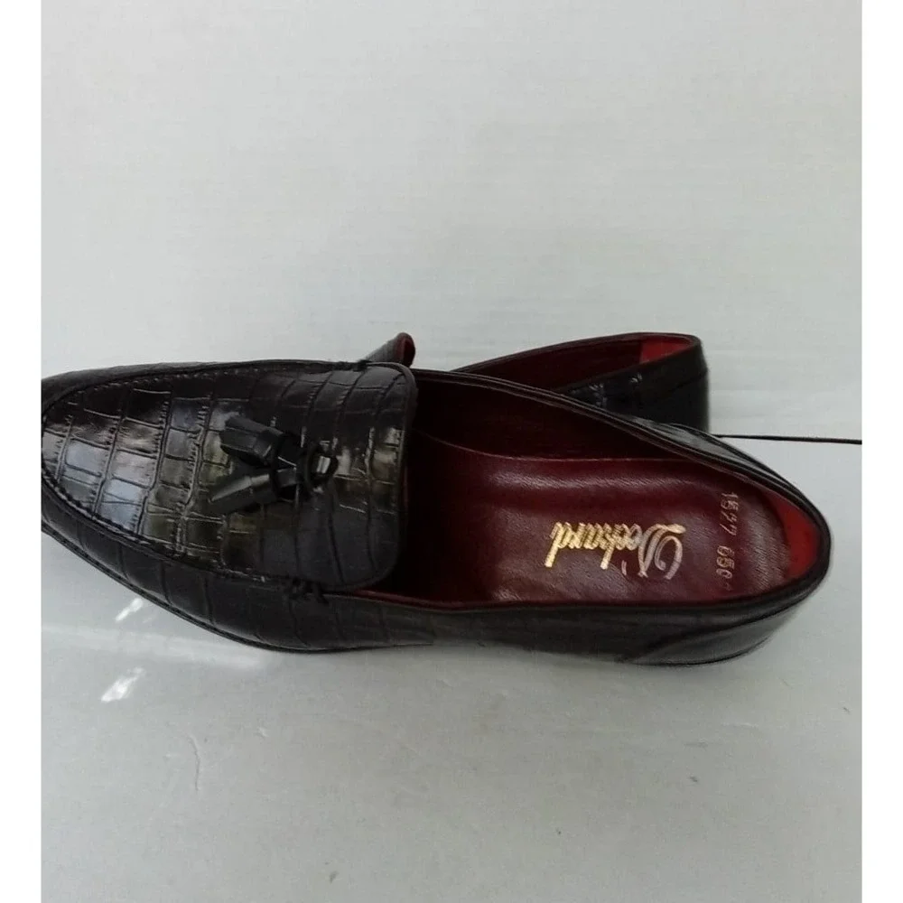 Deckard Mens Croc Embossed Leather Tassel Loafers Dark Brown Dress Shoes